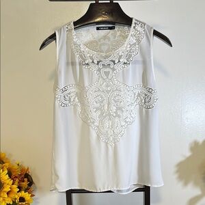 White Embellished Sleeveless Tank Top with Lace Details